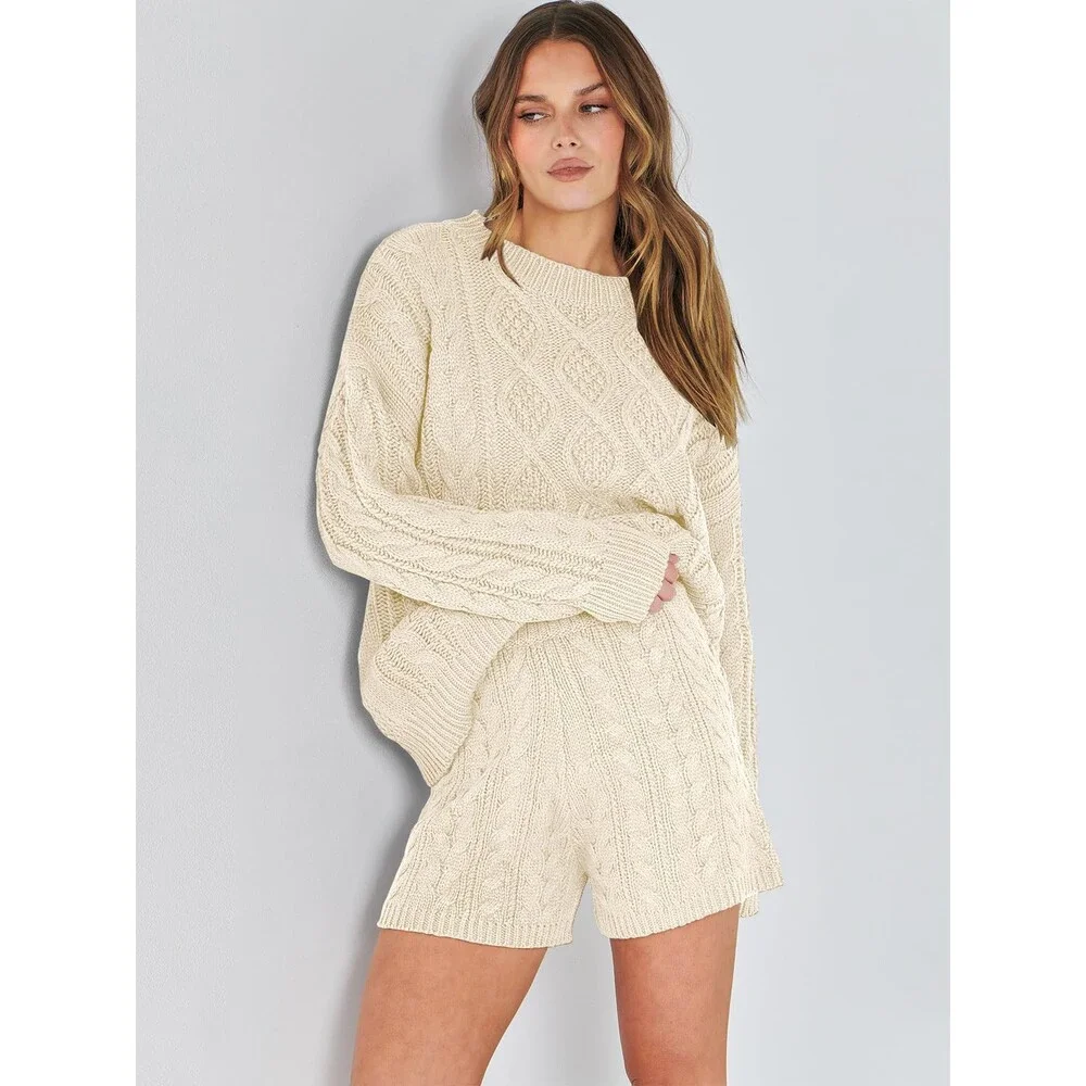 ANRABESS Women's Beige 2 Piece Outfits Sweater Lounge Loungewear Sets 2025 M